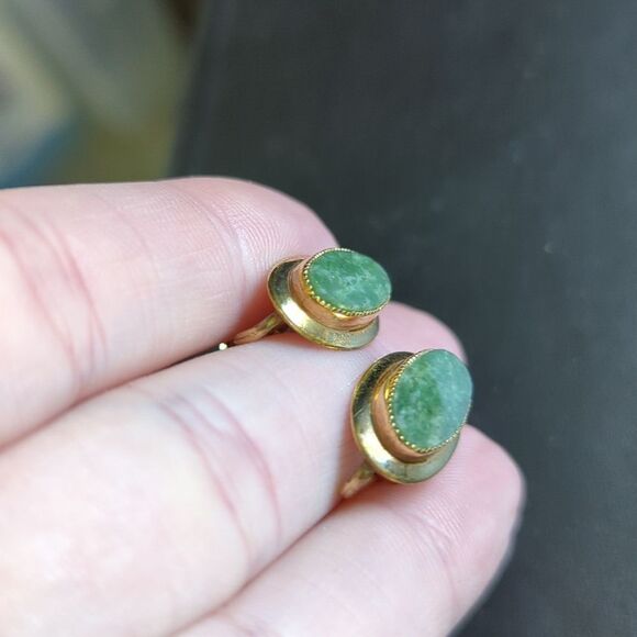 12K Gold Plated Jade Screw Earrings - Picture 2 of 5